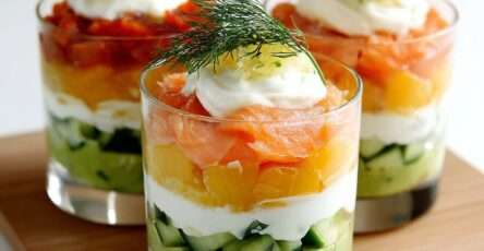 Verrines d’avocat crémeux, yaourt grec onctueux et saumon citronné, garnies d’aneth frais et de dés de concombre.