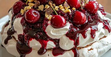 Pavlova aux cerises fraîches nappée d’un coulis noir épais, crème fouettée vanillée et éclats de chocolat noir.