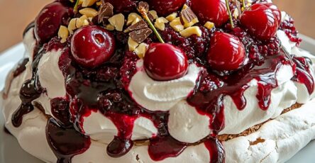 Pavlova aux cerises fraîches nappée d’un coulis noir épais, crème fouettée vanillée et éclats de chocolat noir.