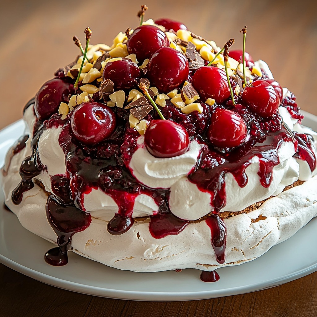 Pavlova aux cerises fraîches nappée d’un coulis noir épais, crème fouettée vanillée et éclats de chocolat noir.