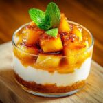 Verrines dessert à l’ananas rôti caramélisé, crème de ricotta légère à la vanille et base biscuitée, décorées de menthe fraîche.