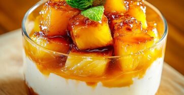 Verrines dessert à l’ananas rôti caramélisé, crème de ricotta légère à la vanille et base biscuitée, décorées de menthe fraîche.