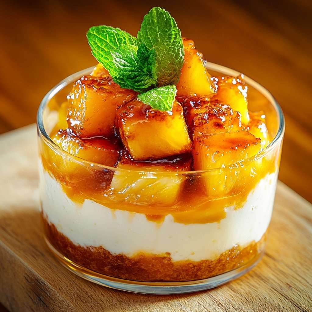 Verrines dessert à l’ananas rôti caramélisé, crème de ricotta légère à la vanille et base biscuitée, décorées de menthe fraîche.