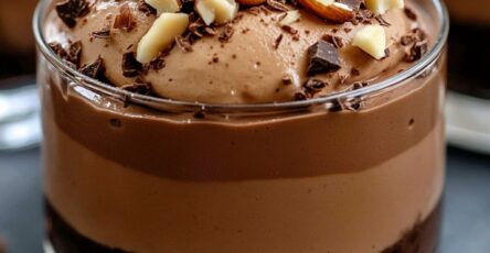 Mini verrines de mousse au chocolat noir aérienne, sur base biscuit chocolat, garnies d’éclats de noisette et copeaux de chocolat.