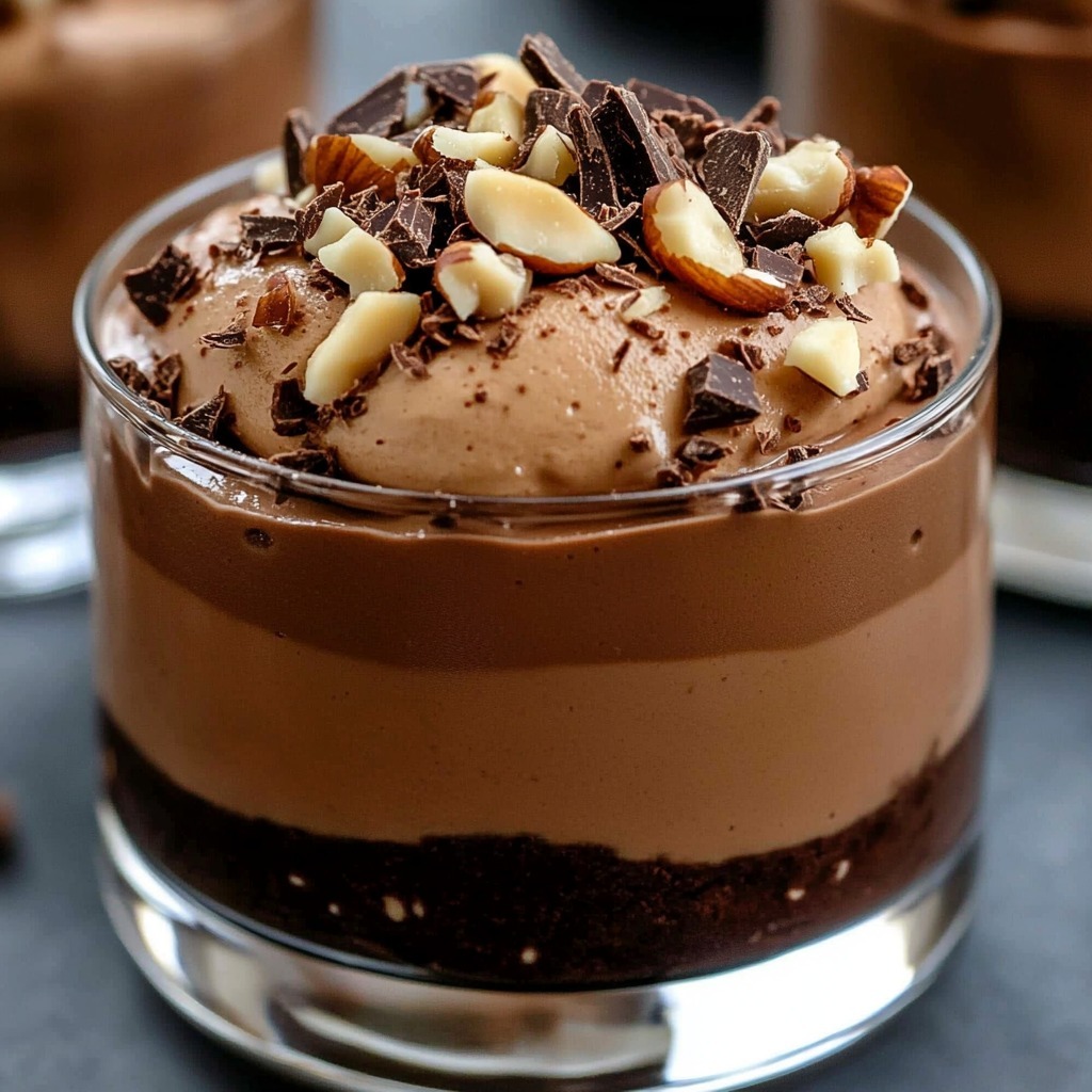 Mini verrines de mousse au chocolat noir aérienne, sur base biscuit chocolat, garnies d’éclats de noisette et copeaux de chocolat.