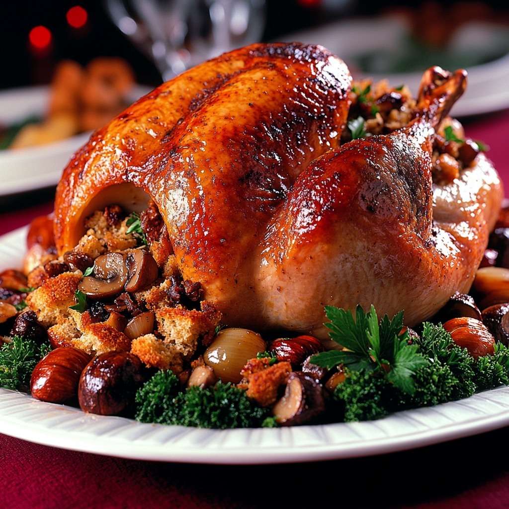 Dinde farcie aux marrons et champignons, peau dorée et croustillante, servie avec oignons grelots et jus de cuisson.