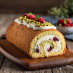 Bûche roulée à la génoise pistache garnie de crème framboise, décorée de pistaches concassées, framboises fraîches et menthe.