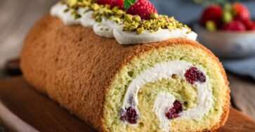 Bûche roulée à la génoise pistache garnie de crème framboise, décorée de pistaches concassées, framboises fraîches et menthe.