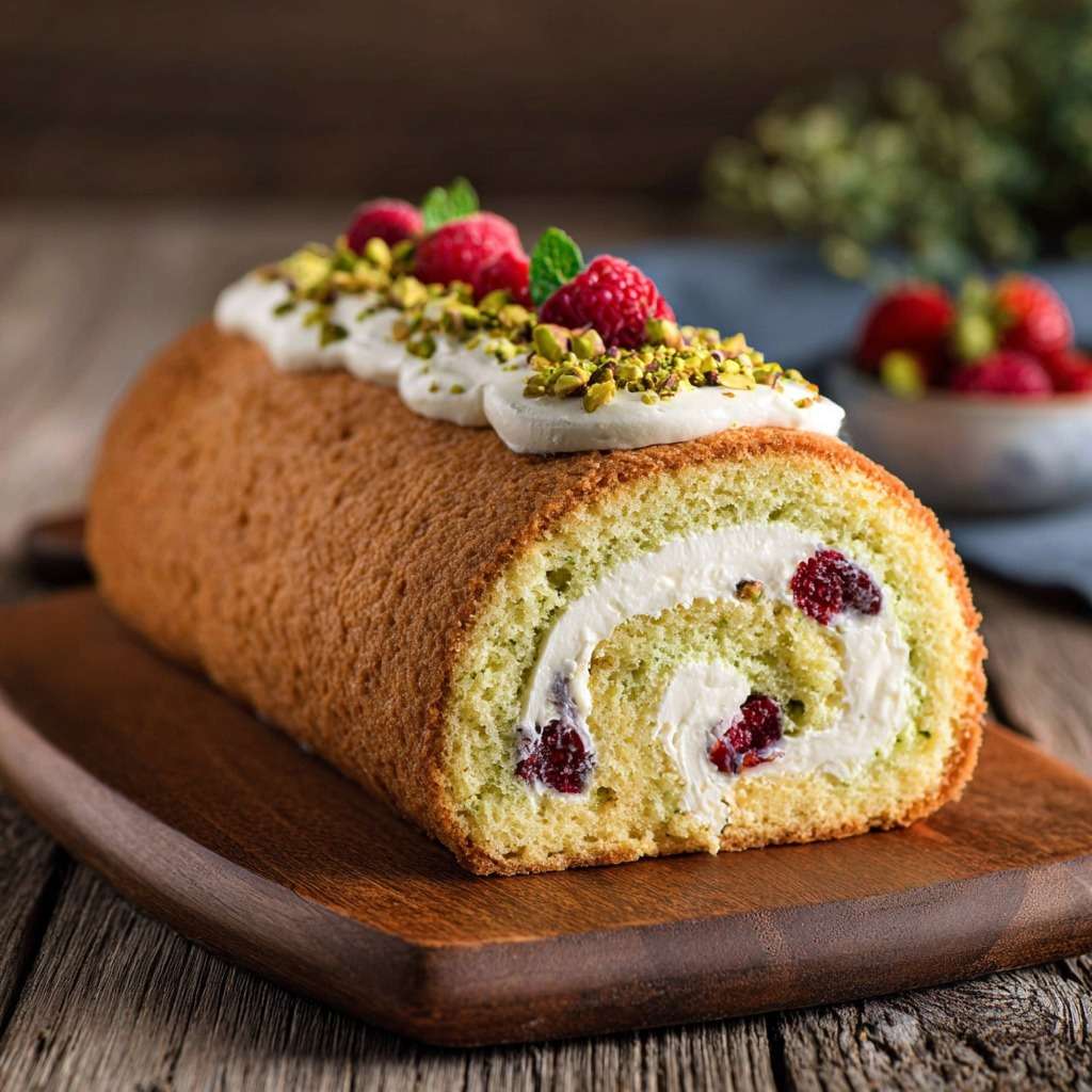 Bûche roulée à la génoise pistache garnie de crème framboise, décorée de pistaches concassées, framboises fraîches et menthe.