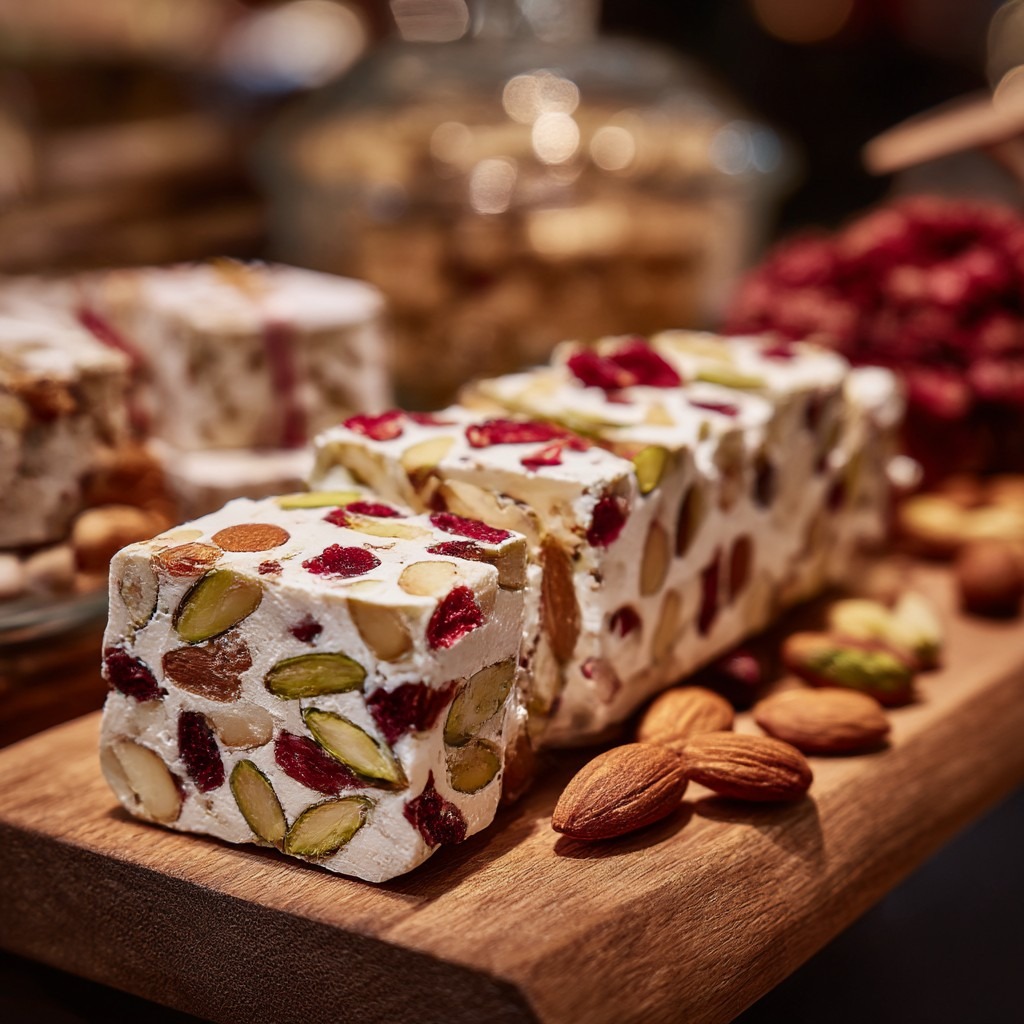 Nougat blanc artisanal aux amandes torréfiées, pistaches vertes et cranberries rouges, découpé en tranches régulières.