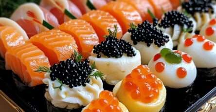 Buffet et Assortiment de bouchées festives au saumon, caviar noir, œufs de caille et tartelettes garnies de fromage frais et œufs de saumon.