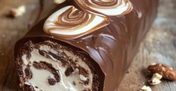 Bûche roulée au chocolat garnie de crème vanillée, recouverte d’une ganache brillante et décorée de fruits secs.