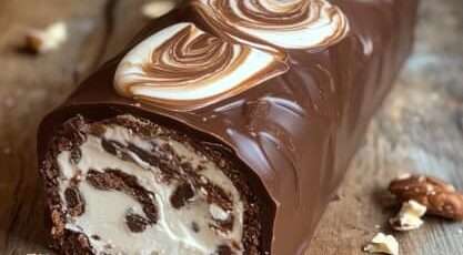 Bûche roulée au chocolat garnie de crème vanillée, recouverte d’une ganache brillante et décorée de fruits secs.