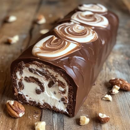 Bûche roulée au chocolat garnie de crème vanillée, recouverte d’une ganache brillante et décorée de fruits secs.