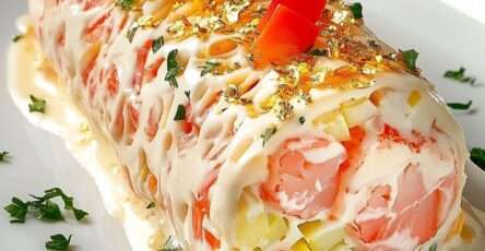 Bûche salée au saumon fumé garnie de crevettes, fromage frais citronné, concombre et herbes fraîches, décorée de poivron rouge.