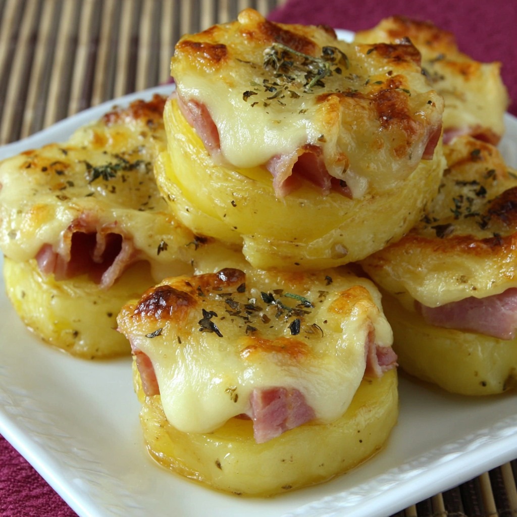Nids de pommes de terre gratinés disposés dans un plat, dorés au four avec fromage fondu et morceaux de jambon, servis chauds et croustillants