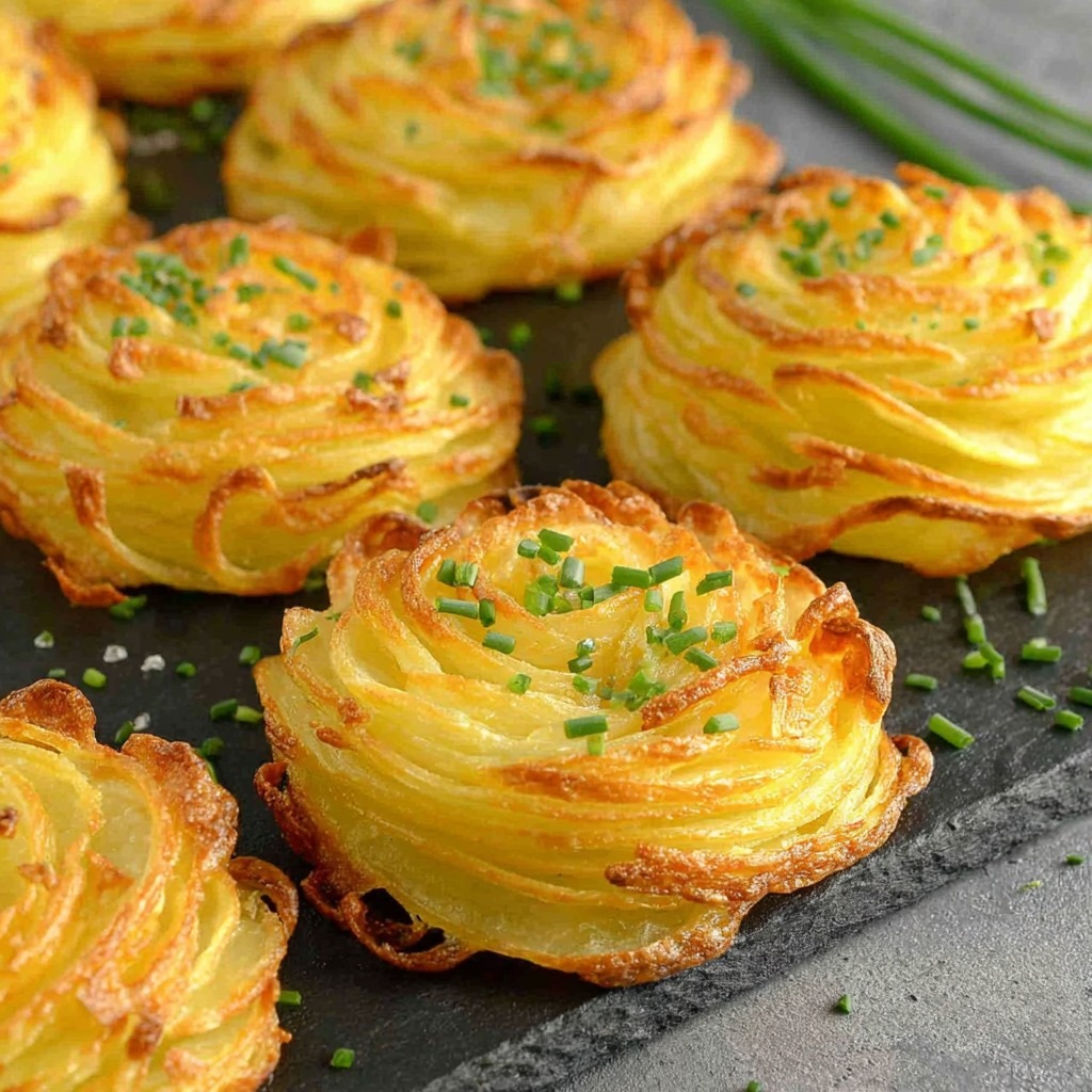 Nids de pommes de terre dorés et croustillants au four, dressés sur une plaque avec ciboulette ciselée, texture légère et aérée, prêts à être dégustés