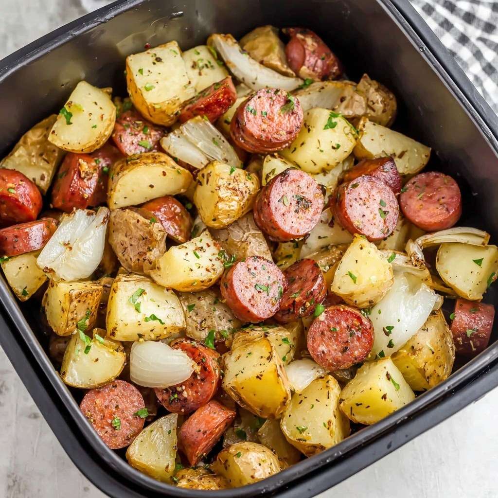 Plat familial de saucisses fumées en rondelles et pommes de terre grenaille rôties au four avec oignons caramélisés et persil frais ciselé