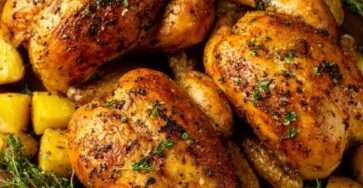 Cuisses de poulet rôti croustillantes au Airfryer accompagnées de pommes de terre dorées en cubes, servies chaudes dans un plat familial