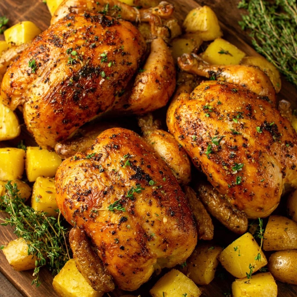 Cuisses de poulet rôti croustillantes au Airfryer accompagnées de pommes de terre dorées en cubes, servies chaudes dans un plat familial