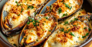 Moules gratinées au comté affiné avec noisettes torréfiées dorées au four, disposées dans un plat, fromage fondant et surface croustillante