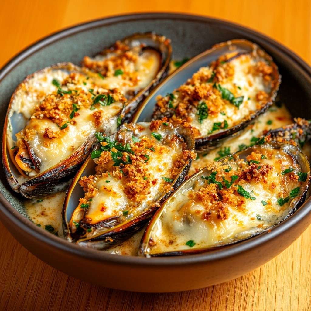 Moules gratinées au comté affiné avec noisettes torréfiées dorées au four, disposées dans un plat, fromage fondant et surface croustillante