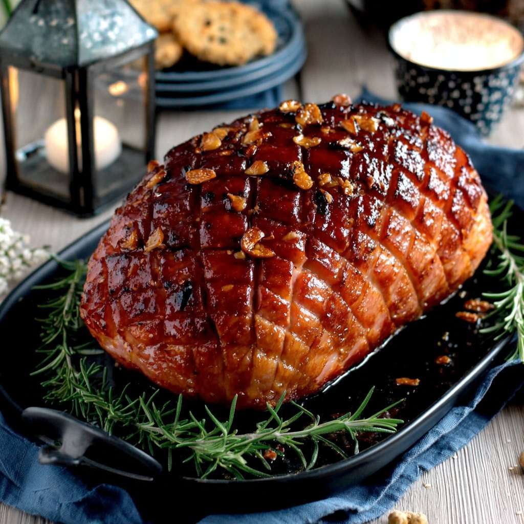 Rôti de porc glacé au miel, ail et romarin, doré et caramélisé au four, tranché sur une planche avec jus de cuisson brillant