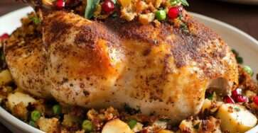 Chapon farci rôti aux pommes, sauge et pain d’épices, doré au four avec farce visible et graines de grenade en finition