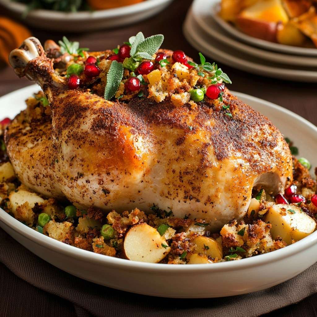 Chapon farci rôti aux pommes, sauge et pain d’épices, doré au four avec farce visible et graines de grenade en finition