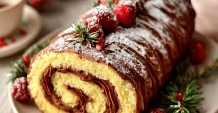 Bûche génoise vanille garnie de crème chocolat, nappée de chocolat noir et décorée de framboises et brins de romarin façon fête