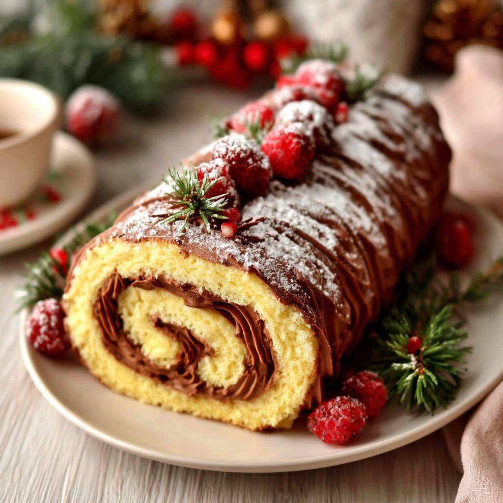 Bûche génoise vanille garnie de crème chocolat, nappée de chocolat noir et décorée de framboises et brins de romarin façon fête