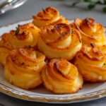 Pommes duchesse dorées et croustillantes dressées en rosaces régulières sur une plaque de cuisson, texture légère et fondante à l’intérieur