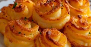 Pommes duchesse dorées et croustillantes dressées en rosaces régulières sur une plaque de cuisson, texture légère et fondante à l’intérieur