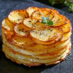Pommes Anna dorées et croustillantes disposées en disque régulier, tranches fines superposées et brillantes au beurre clarifié