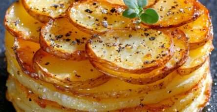 Pommes Anna dorées et croustillantes disposées en disque régulier, tranches fines superposées et brillantes au beurre clarifié