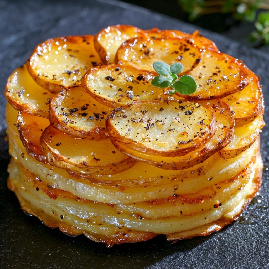 Pommes Anna dorées et croustillantes disposées en disque régulier, tranches fines superposées et brillantes au beurre clarifié
