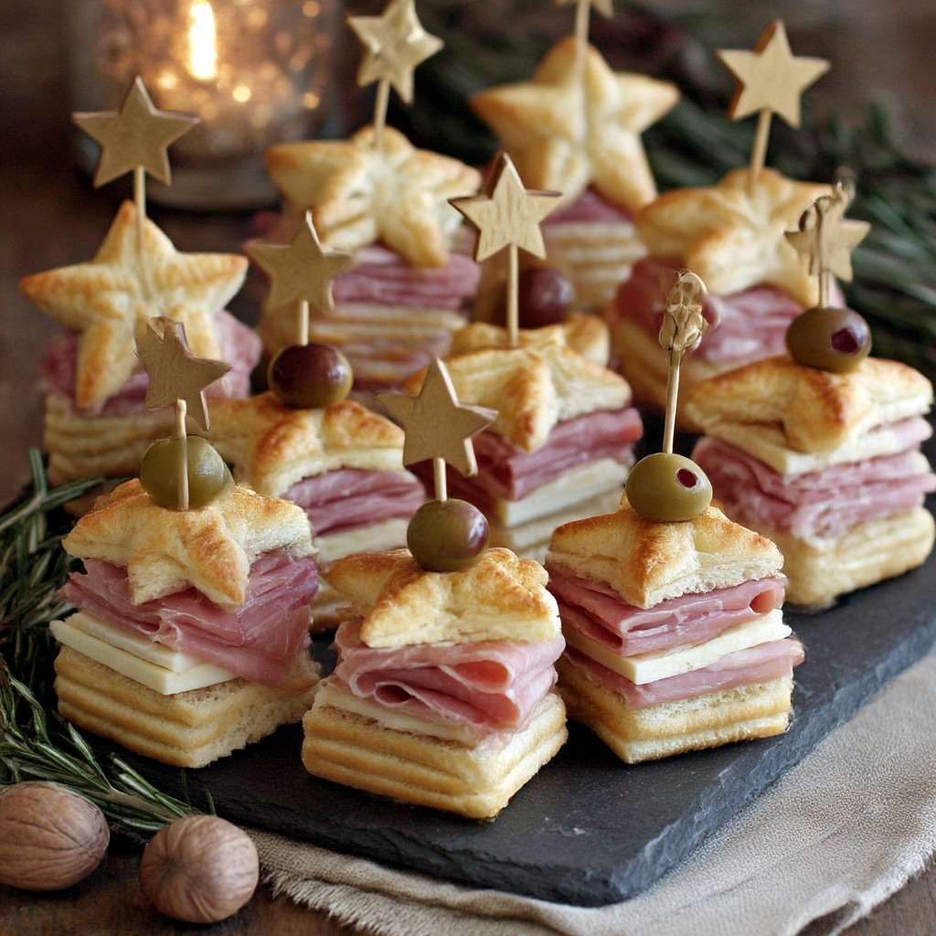 Mini sandwichs étoiles feuilletées garnies de jambon et fromage, montées en sandwichs et décorées d’une olive sur un pic, présentées sur un plateau festif
