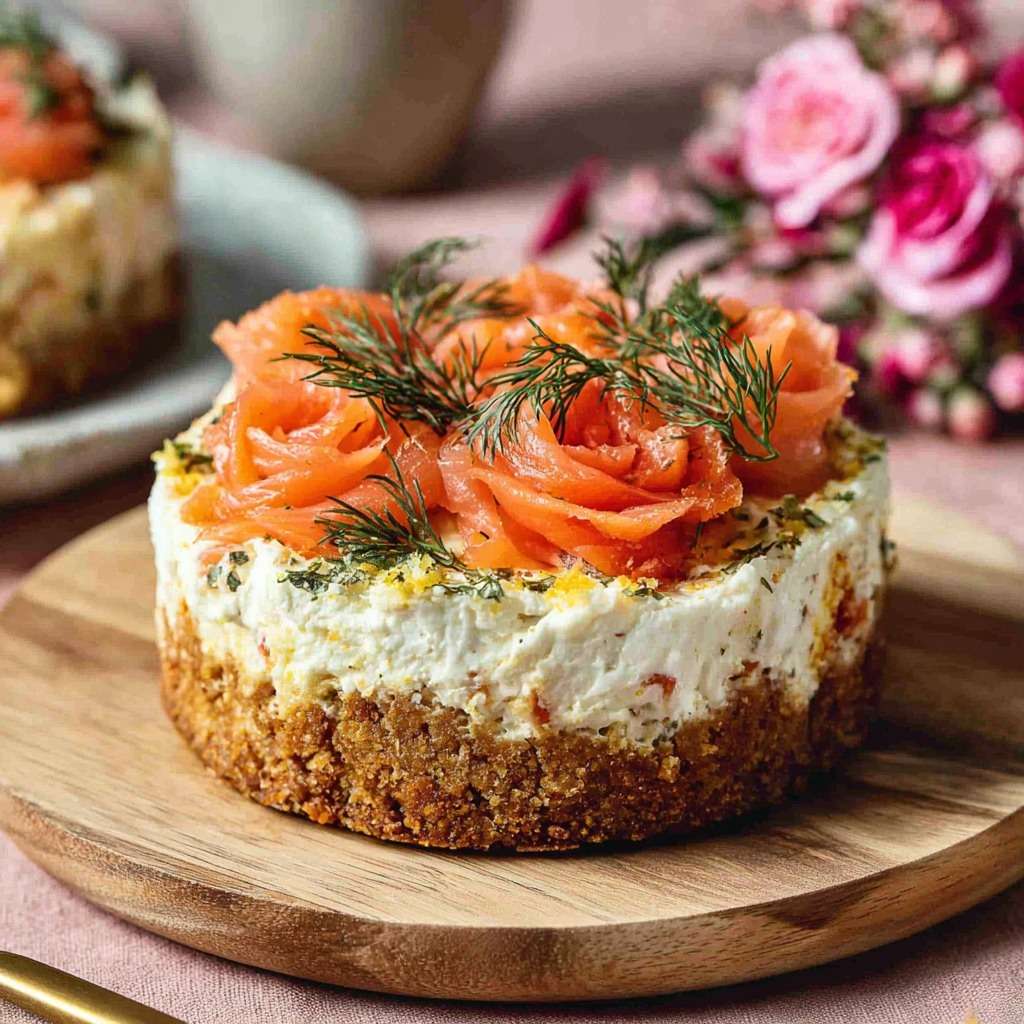 Mini cheesecake salés garnis de saumon fumé roulé en rosaces et d’aneth frais, présentés en petites portions individuelles sur une assiette