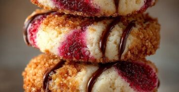 Cookies moelleux au chocolat garnis de confiture de framboise au centre, légèrement dorés sur les bords et présentés sur une plaque de cuisson