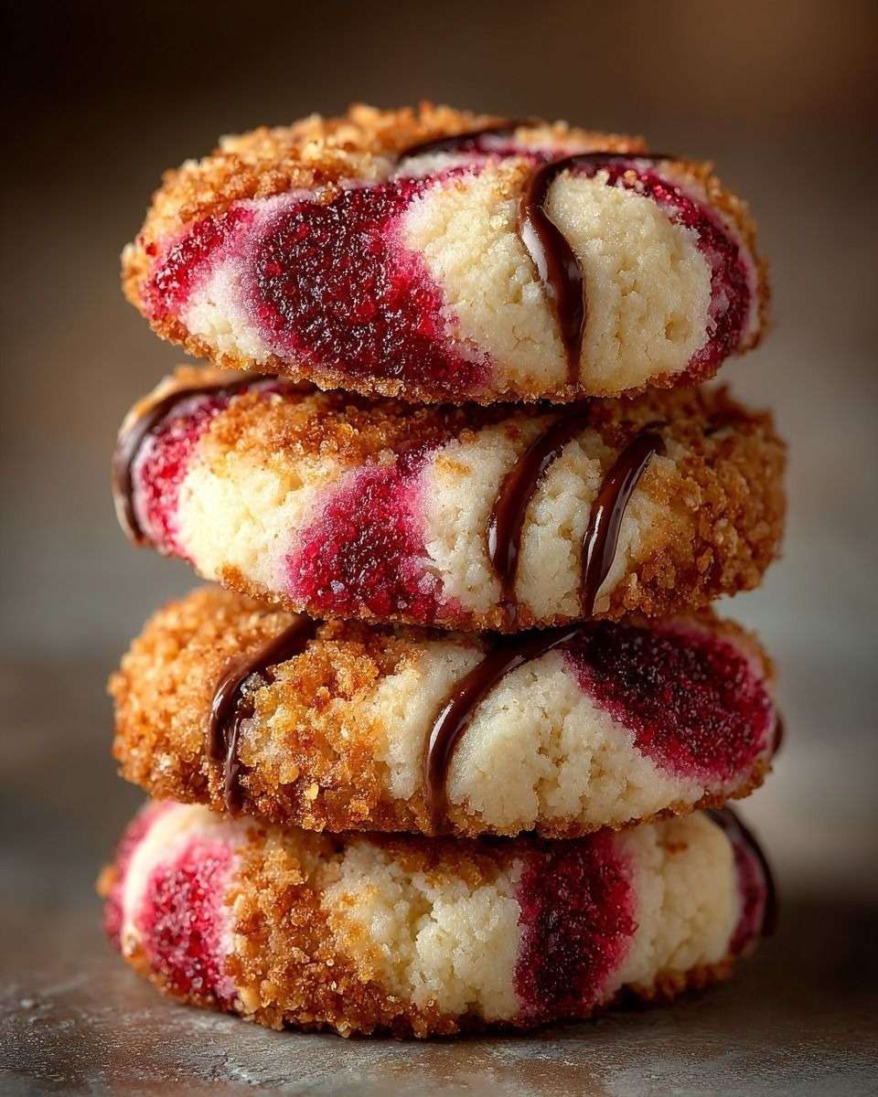 Cookies moelleux au chocolat garnis de confiture de framboise au centre, légèrement dorés sur les bords et présentés sur une plaque de cuisson