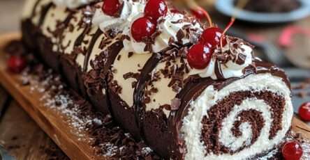 Gâteau roulé Forêt-Noire au cacao garni de chantilly et cerises, décoré de copeaux de chocolat et cerises entières sur le dessus