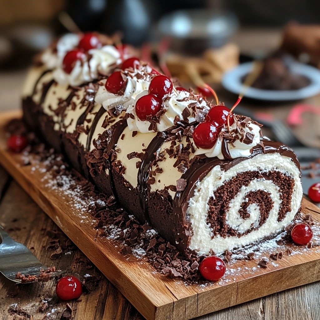 Gâteau roulé Forêt-Noire au cacao garni de chantilly et cerises, décoré de copeaux de chocolat et cerises entières sur le dessus