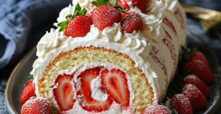 Gâteau roulé aux fraises garni de crème mascarpone, tranché pour montrer la spirale blanche et rose, décoré de fraises fraîches sur le dessus