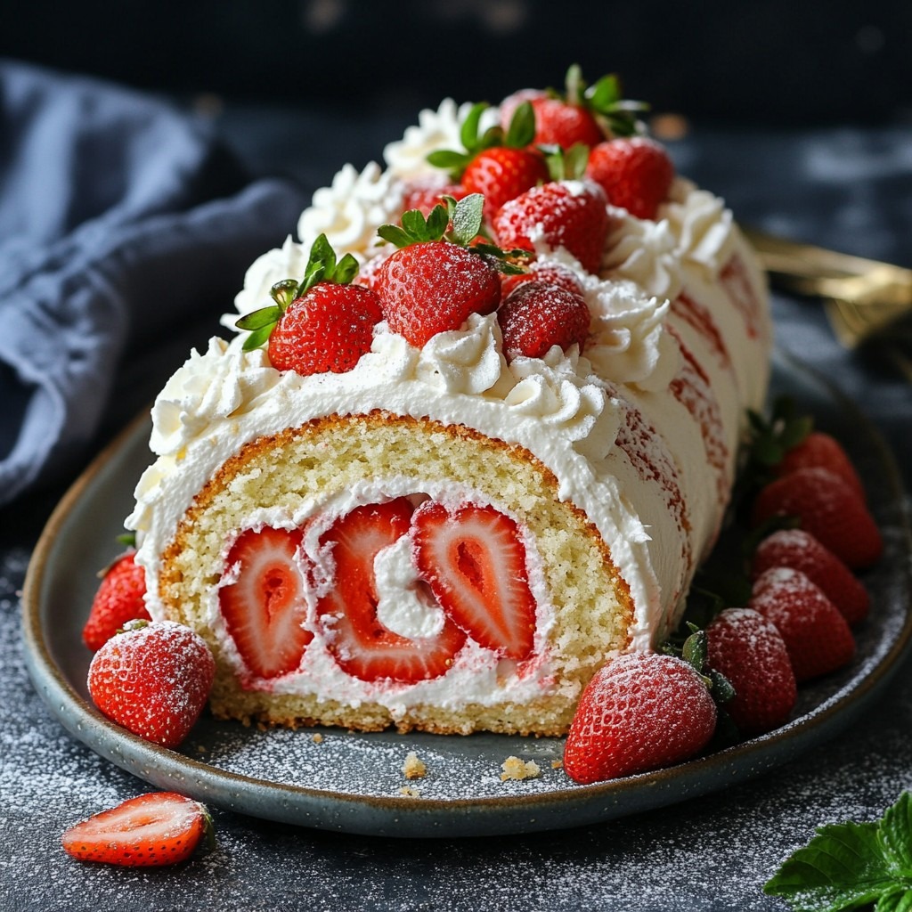 Gâteau roulé aux fraises garni de crème mascarpone, tranché pour montrer la spirale blanche et rose, décoré de fraises fraîches sur le dessus