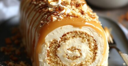 Gâteau roulé garni de crème au caramel beurre salé et mascarpone, nappé de caramel et décoré de noisettes concassées