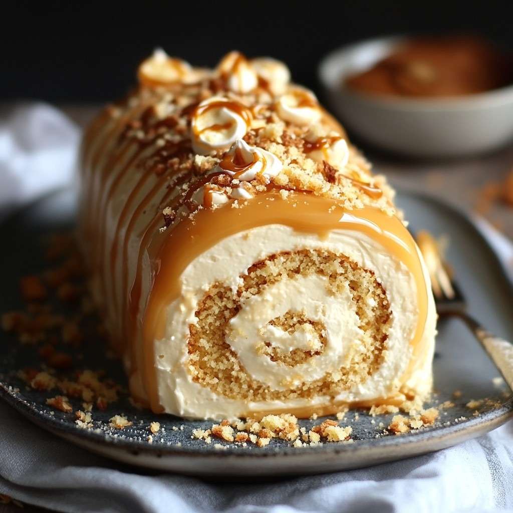 Gâteau roulé garni de crème au caramel beurre salé et mascarpone, nappé de caramel et décoré de noisettes concassées