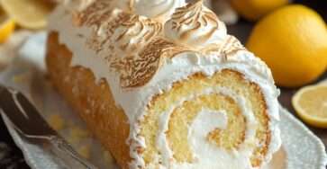 Gâteau roulé au citron garni de lemon curd et recouvert de meringue dorée au chalumeau, présenté en tranches sur une assiette