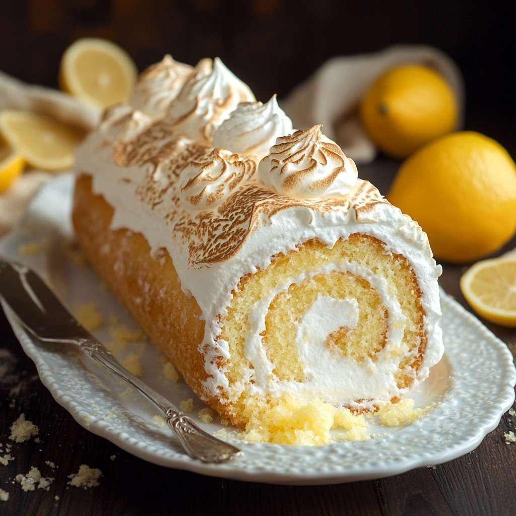 Gâteau roulé au citron garni de lemon curd et recouvert de meringue dorée au chalumeau, présenté en tranches sur une assiette