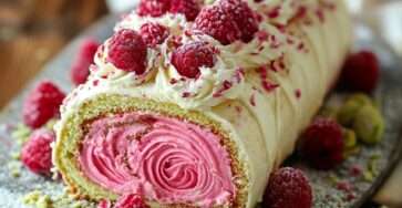 Gâteau roulé à la pistache garni de crème de framboises, décoré de pistaches concassées et framboises fraîches, montrant une spirale rose et verte