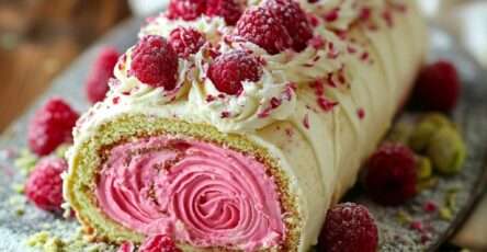 Gâteau roulé à la pistache garni de crème de framboises, décoré de pistaches concassées et framboises fraîches, montrant une spirale rose et verte
